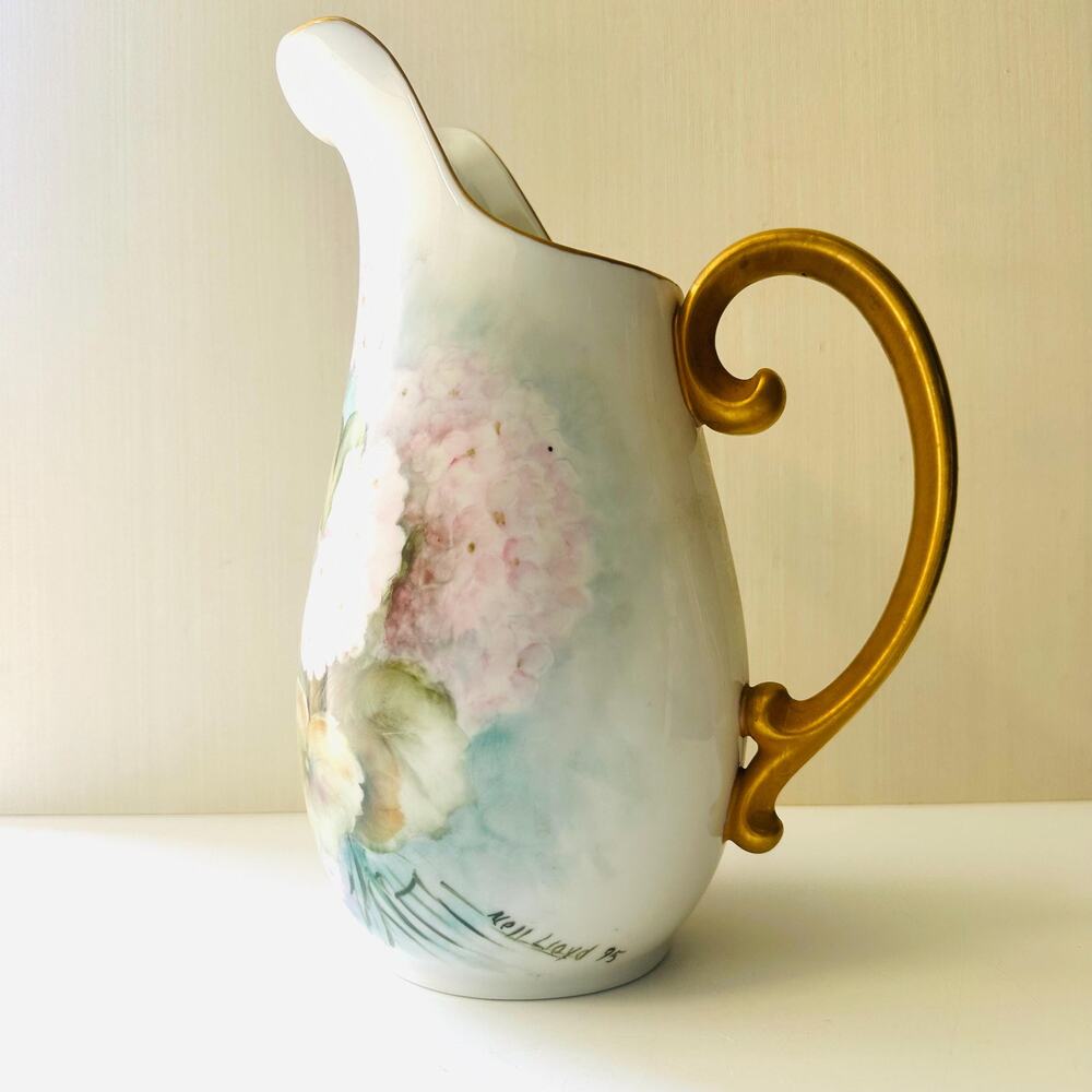 Vintage Pitcher Hydrangea Hand Painted Artist Signed Nell Lloyd